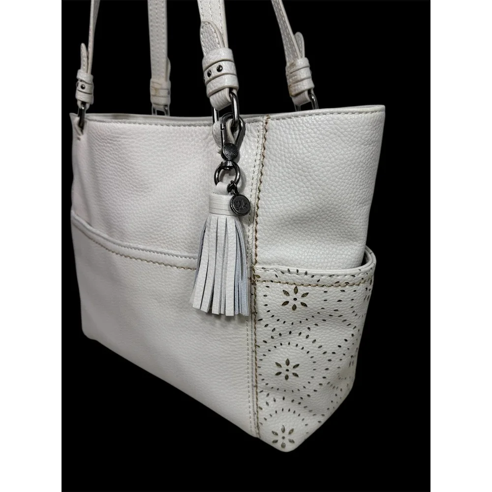 The Sak Sequoia Tote Beige Pebbled Leather Perforated Floral Tote Shoulder Bag